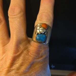 Silver Ring with Turquoise and Orange Accents